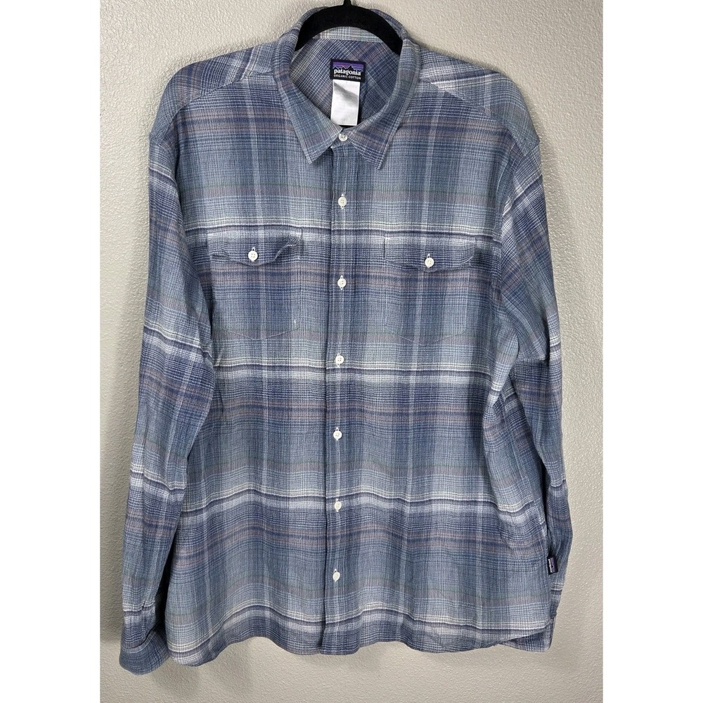 Patagonia Organic Cotton Plaid Button Up Shirt Men's XL Blue Long Sleeve